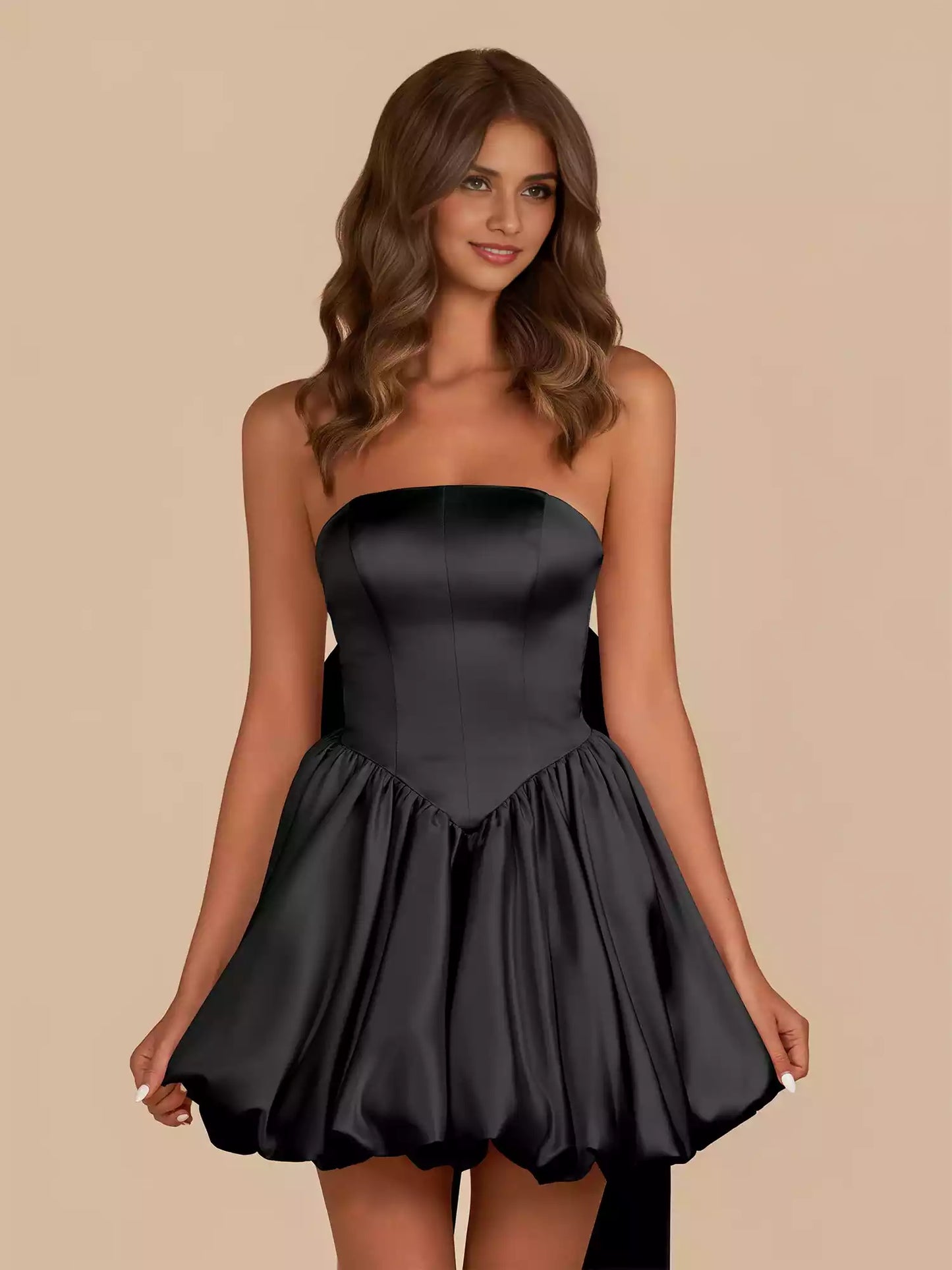 Classic silhouette satin sleeveless lace up back bow off shoulder Homecoming Dresses