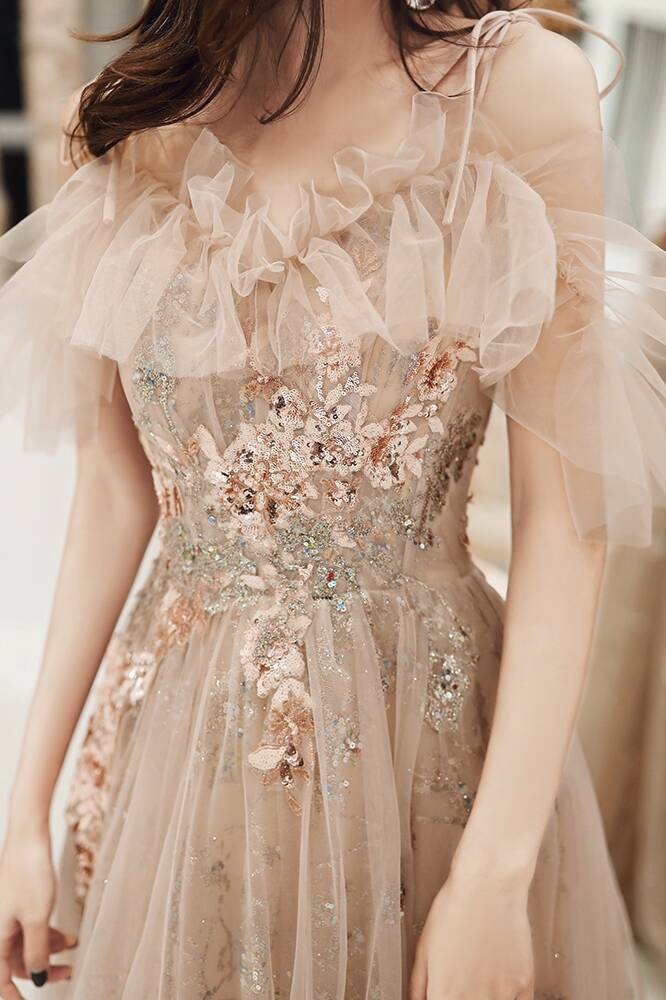Floral Embroidery Champagne Long Evening Dress