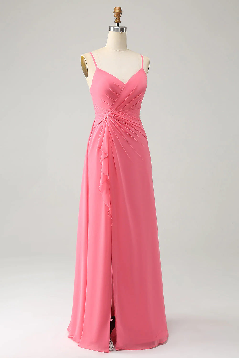 A Line Spaghetti Straps Chiffon Long Bridesmaid Dress With Slit