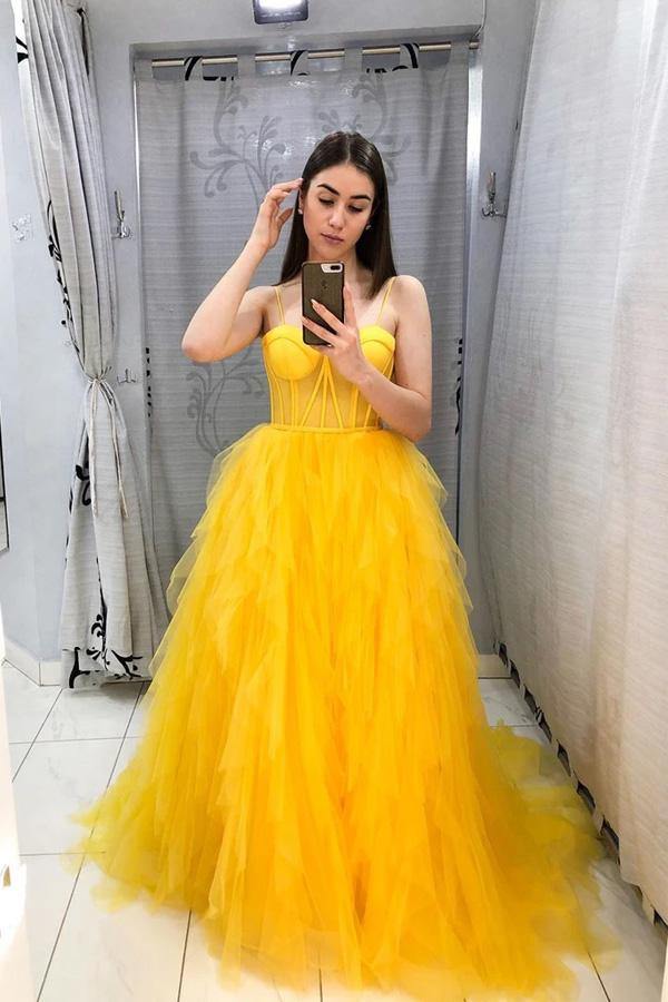 Yellow spaghetti strap sleeveless backless sweet ball dress