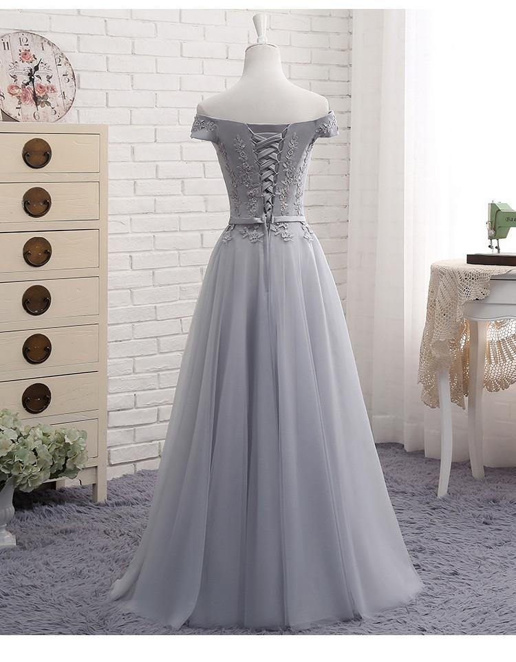 Cute A-line Grey Lace Off Shoulder Lace Lace Sticker Evening Party Ball Dress
