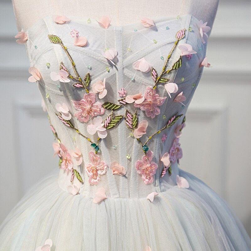 Cute blue strapless tulle back to school dance dress with 3D floral lace up dance dress
