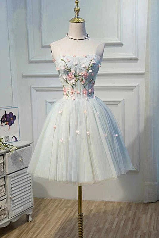 Cute blue strapless tulle back to school dance dress with 3D floral lace up dance dress