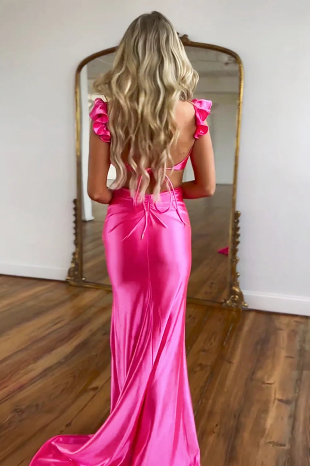 Cute hot pink mermaid waist long satin ball dress