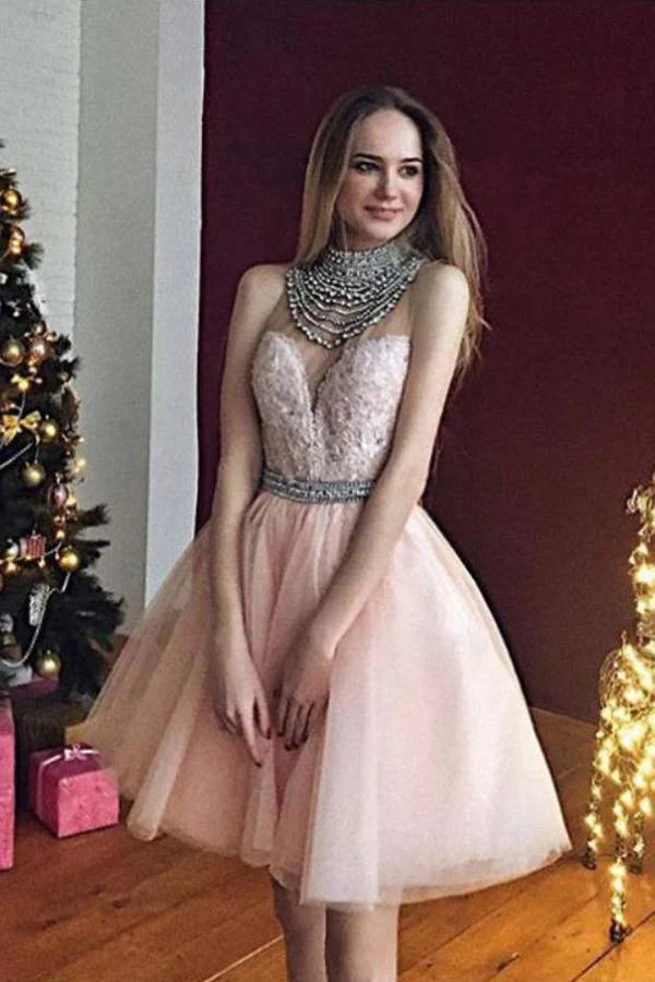 Lovely pearl pink tulle applique Silver beaded V-neck short ball cocktail dress