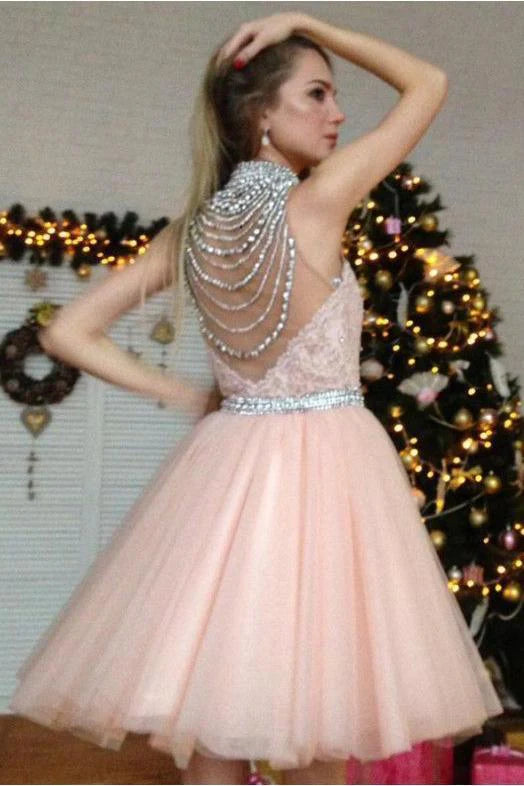 Lovely pearl pink tulle applique Silver beaded V-neck short ball cocktail dress