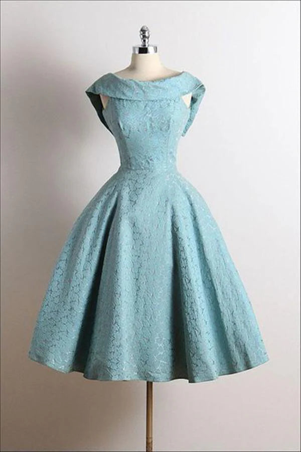 Cute retro A-line sleeveless knee length lace up blue back to school dance dress
