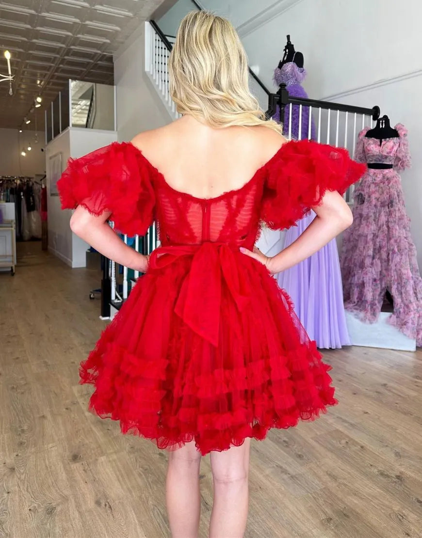 Cute, elegant, sexy off shoulder A-line short sheer party dress
