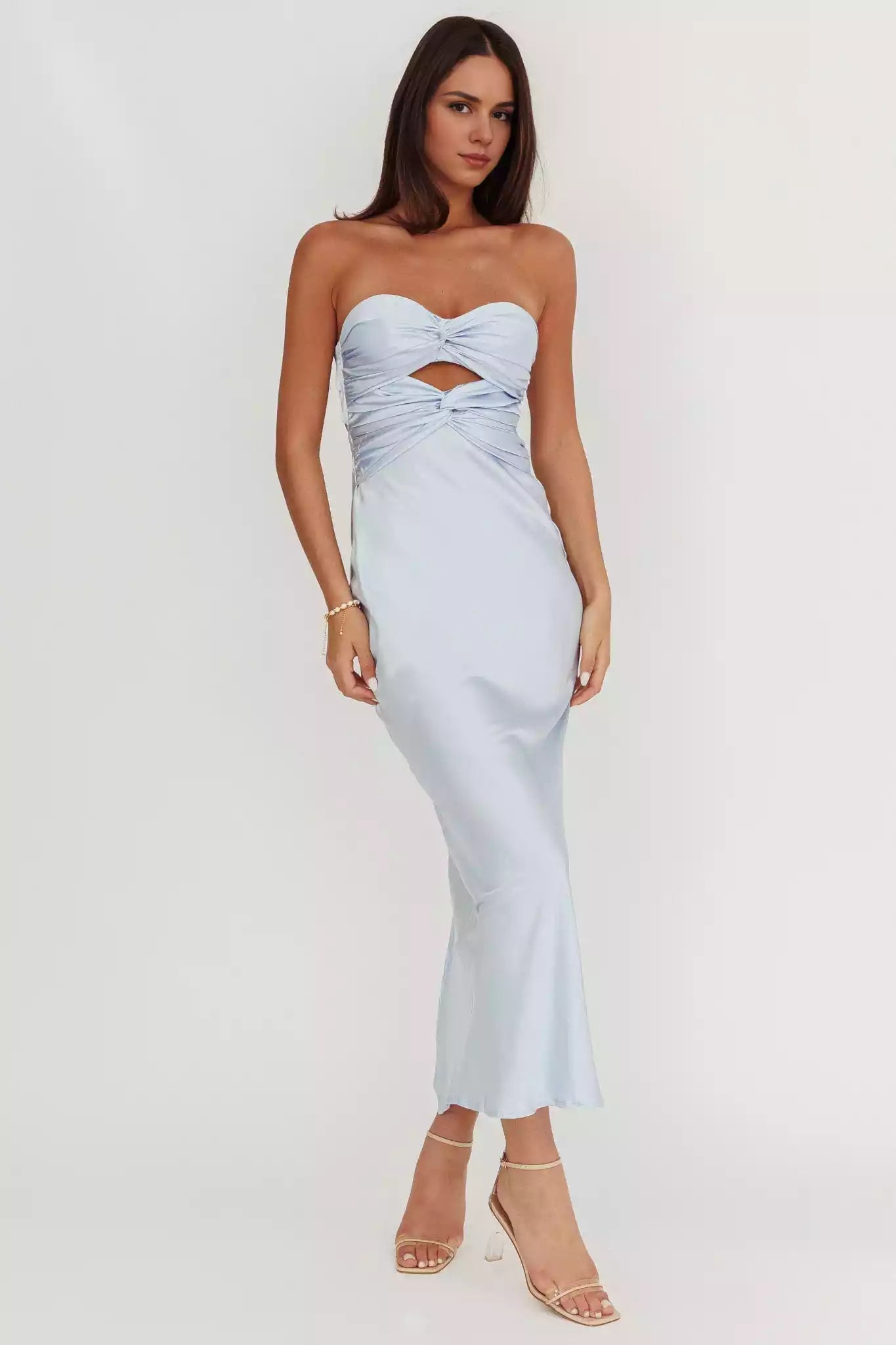 Cute strapless satin with extra long twisted texture, backless lace up, invisible back zipper, Prom Dresses