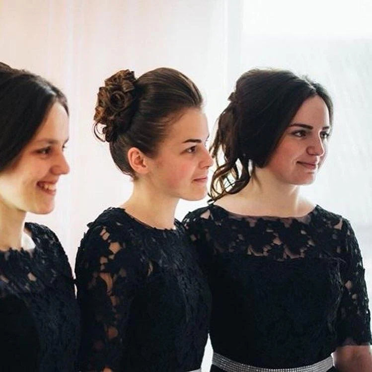 Deep black high-end A-line half sleeved chiffon lace bridesmaid dress