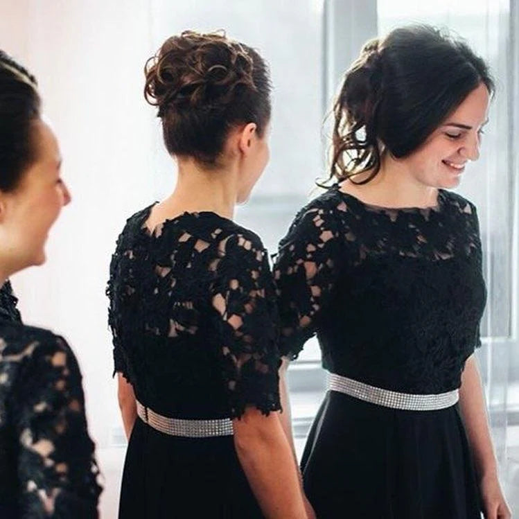 Deep black high-end A-line half sleeved chiffon lace bridesmaid dress