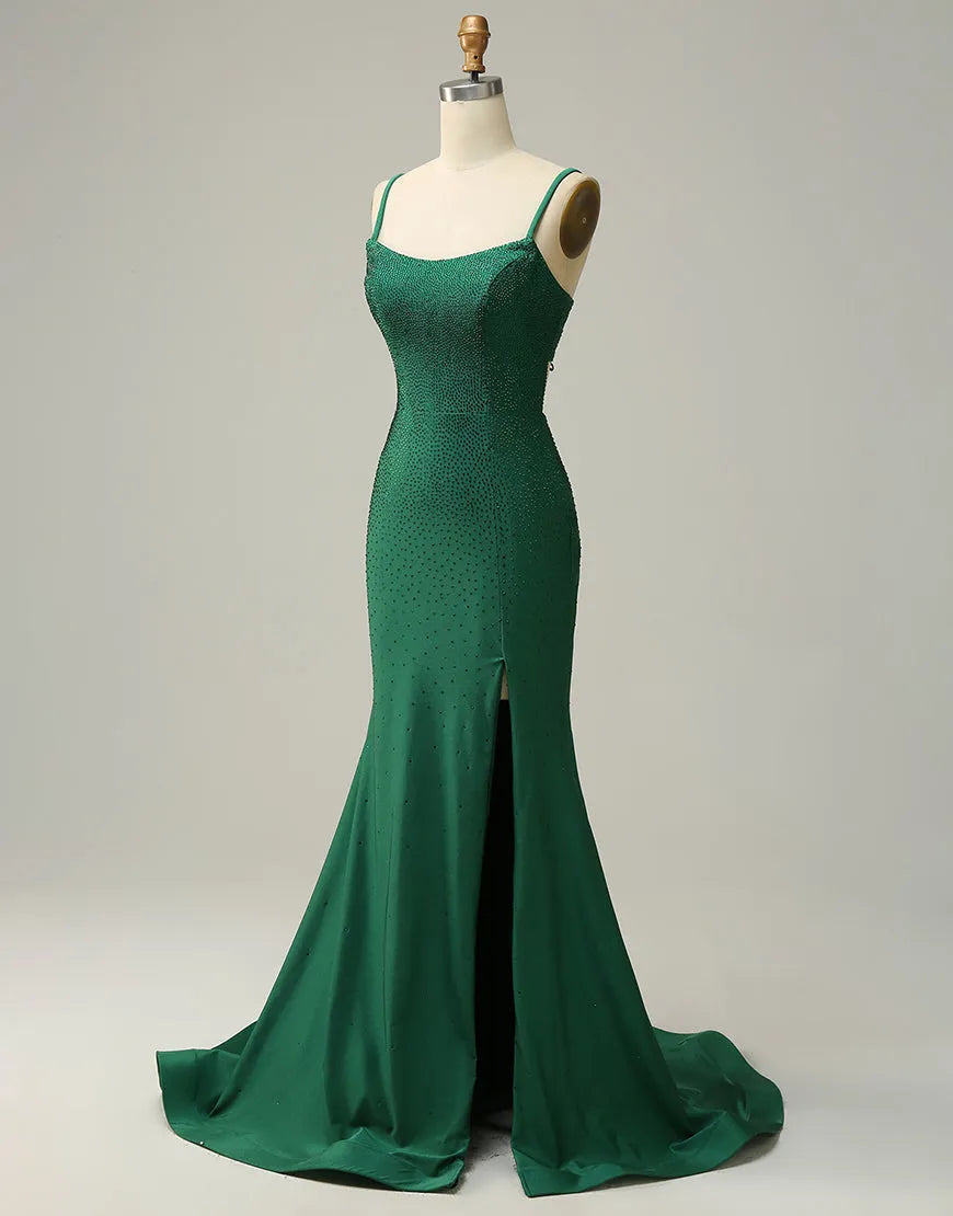 Dark green slim fit Italian spaghetti strap split ball dress