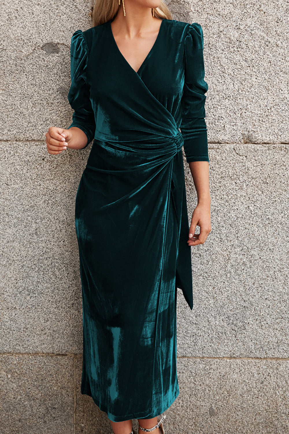 Dark Green V Neck Velvet Evening Gown Dress With Long Sleeves