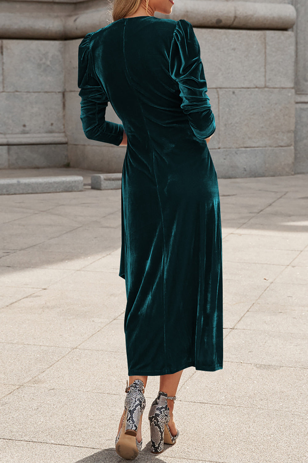 Dark Green V Neck Velvet Evening Gown Dress With Long Sleeves