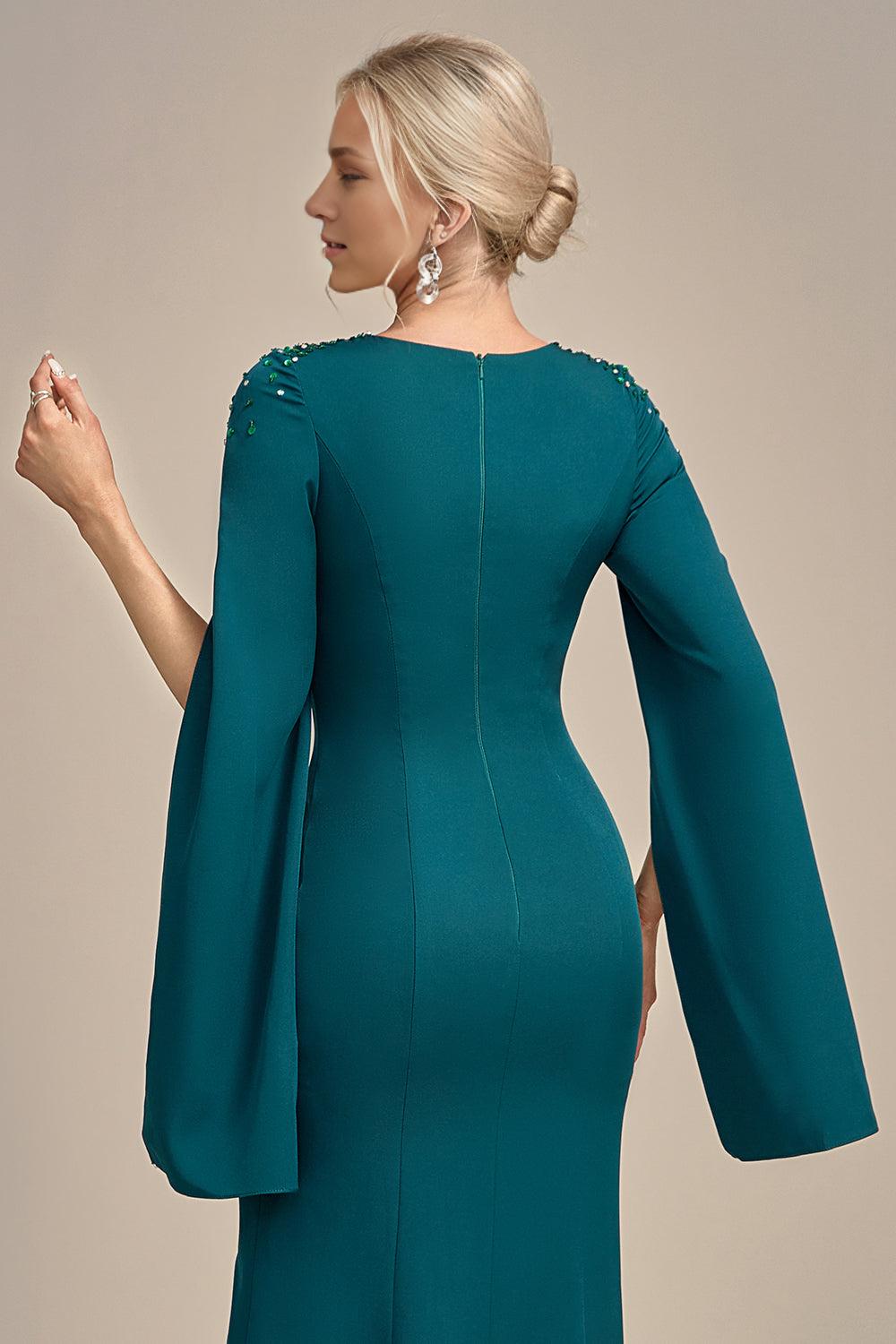 Dark Green Mermaid Round Neck Mother of the Bride Dress With Long Sleeves
