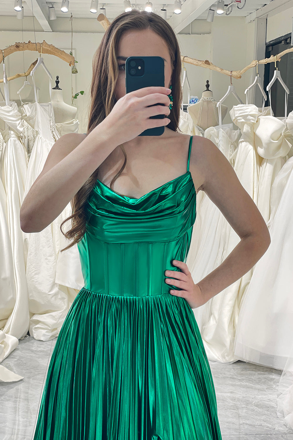 A Line Spaghetti Straps Long Metallic Prom Dress With Slit