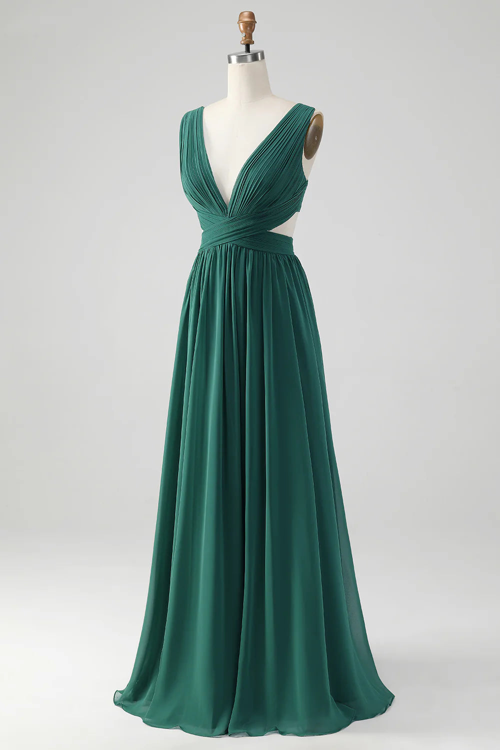 A Line V Neck Pleated Chiffon Long Bridesmaid Dress