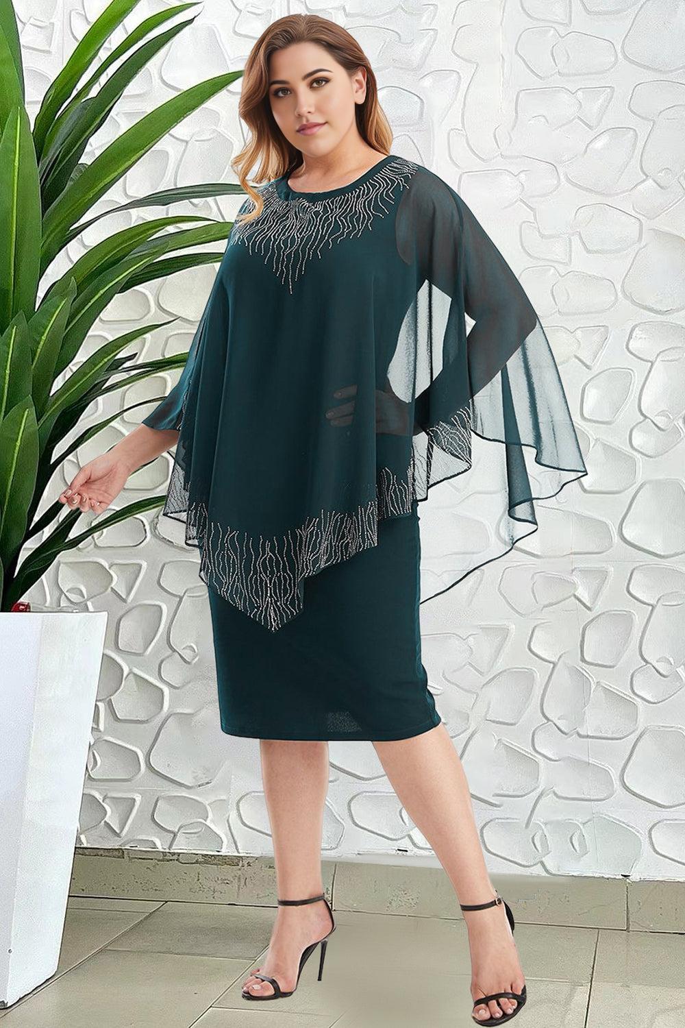 Sheath Hot Diamond Fake Two Pieces Cloak Bag Hip Plus Size Midi Dress