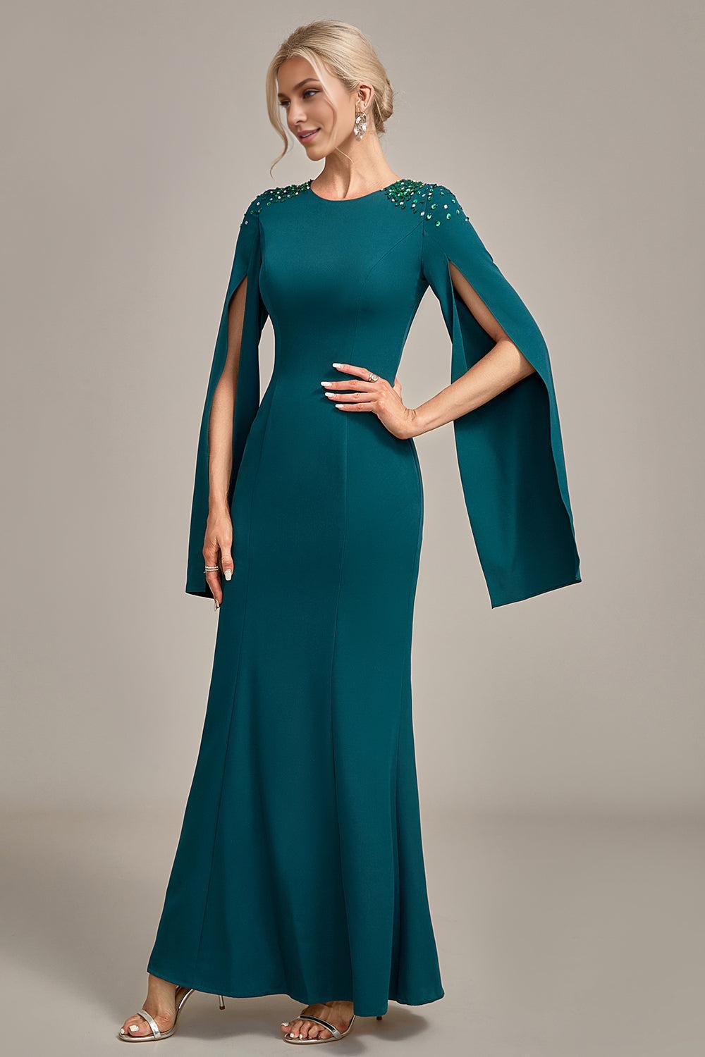 Dark Green Mermaid Round Neck Mother of the Bride Dress With Long Sleeves