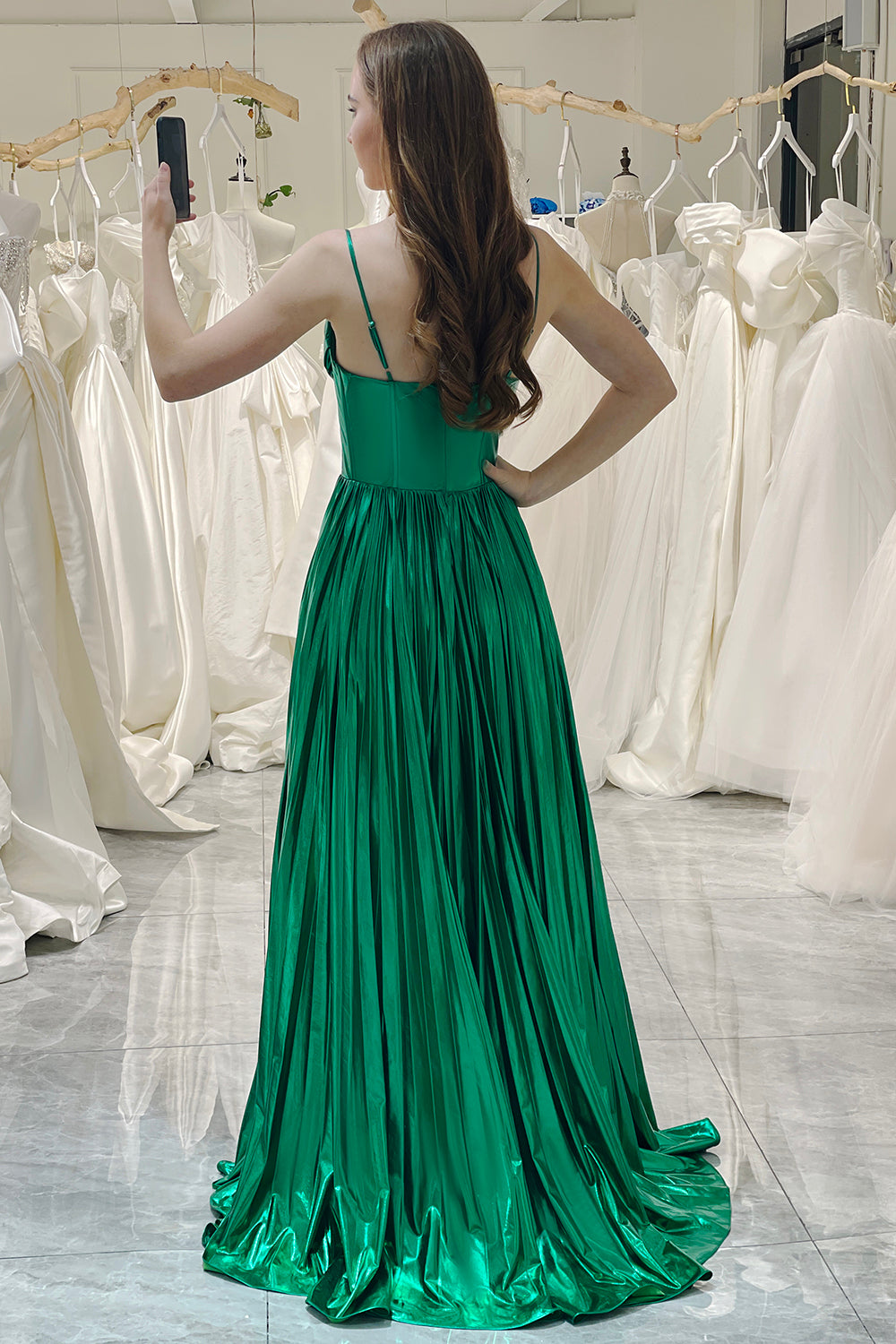 A Line Spaghetti Straps Long Metallic Prom Dress With Slit