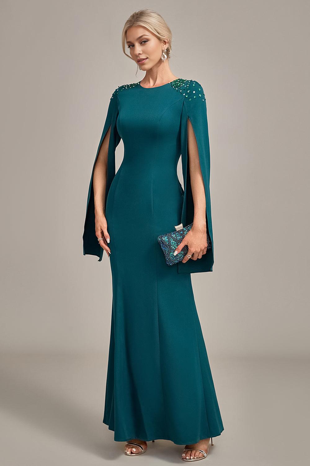 Dark Green Mermaid Round Neck Mother of the Bride Dress With Long Sleeves