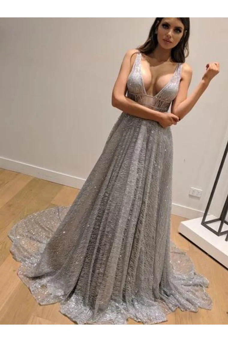 Shiny silver sequin ball backless formal engagement dress