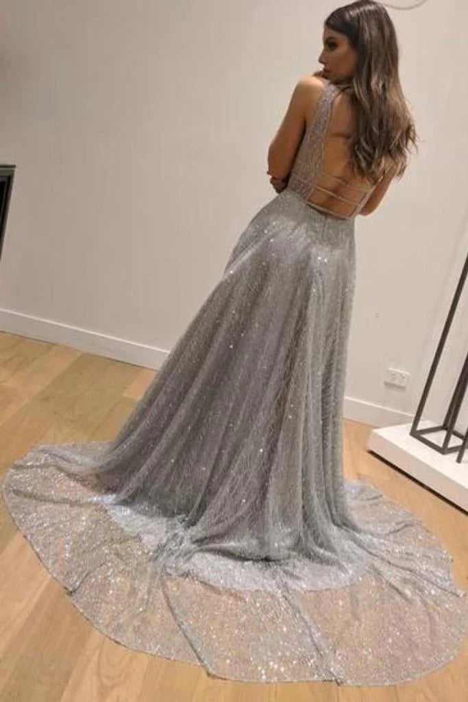 Shiny silver sequin ball backless formal engagement dress