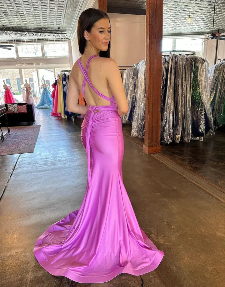 Sexy deep V-neck sloping back long slit satin ball dress