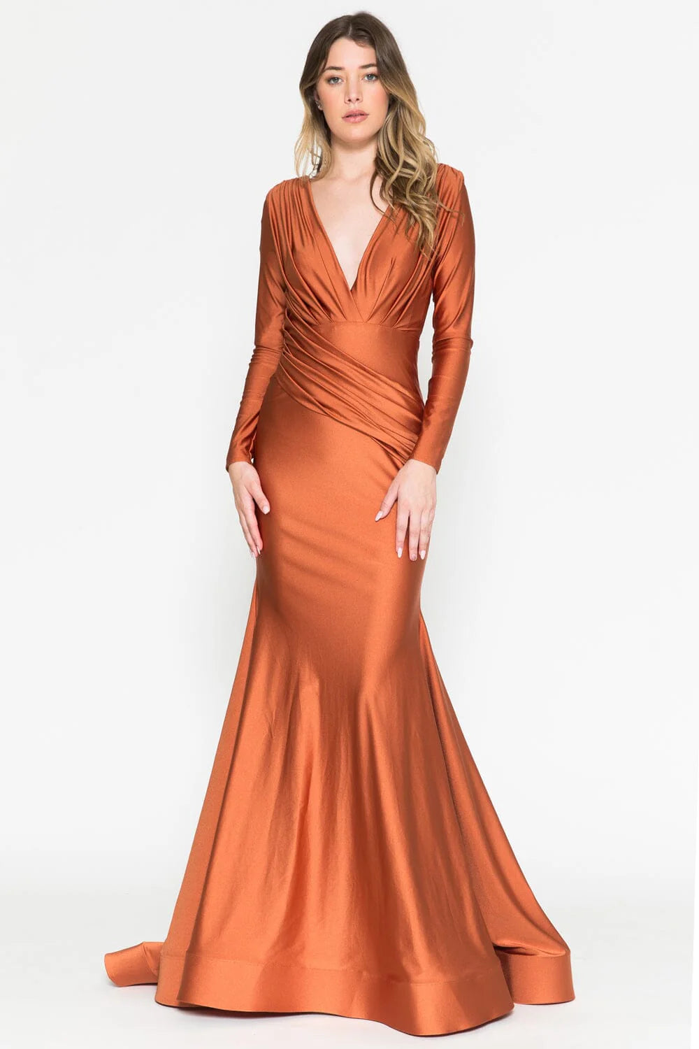 Deep V Neck Gold Satin Ruched Mermaid Evening Dresses with Long Sleeves and Floor-Length Skirt