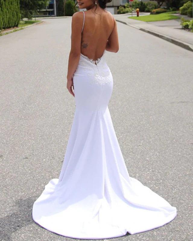Satin Mermaid Wedding Dress Appliques Open Back