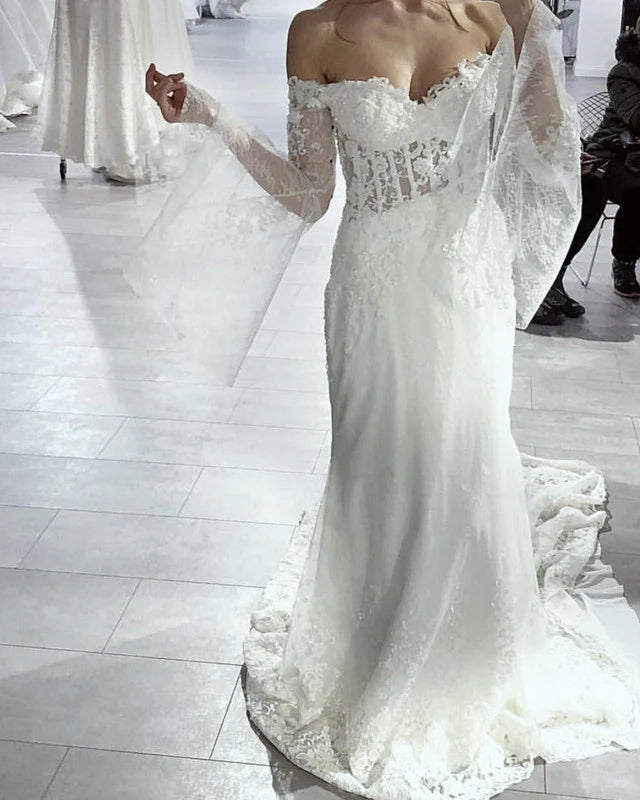 Puffy Sleeeves Mermaid Wedding Dress Lace Off Shoulder