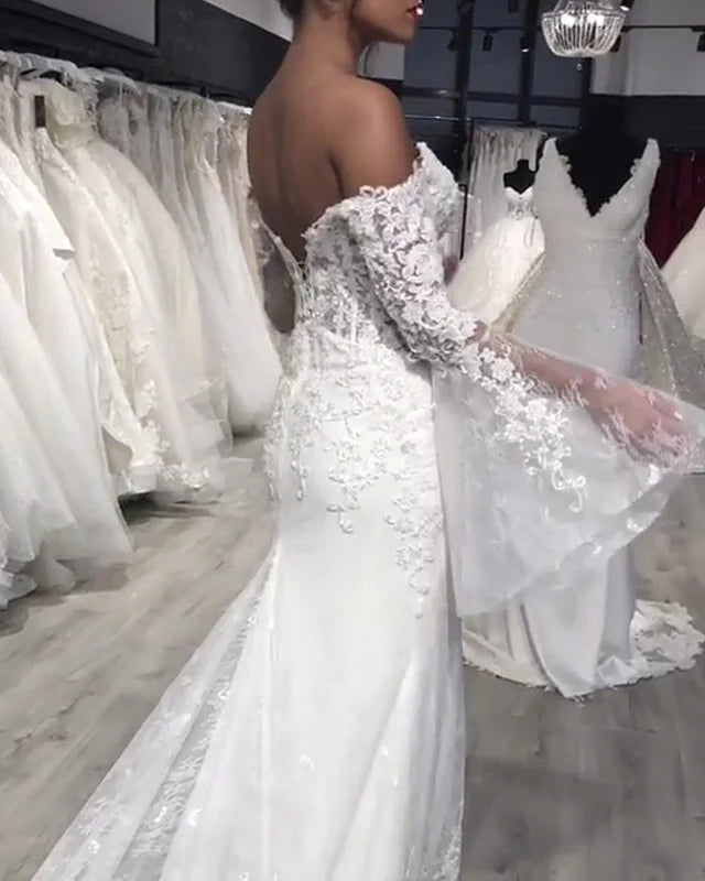 Puffy Sleeeves Mermaid Wedding Dress Lace Off Shoulder