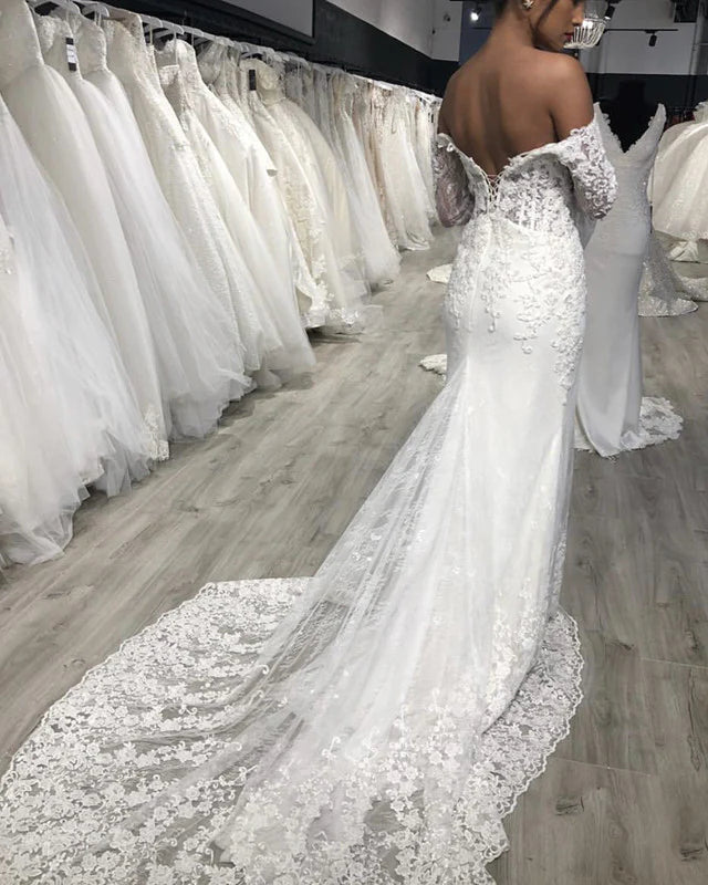Puffy Sleeeves Mermaid Wedding Dress Lace Off Shoulder