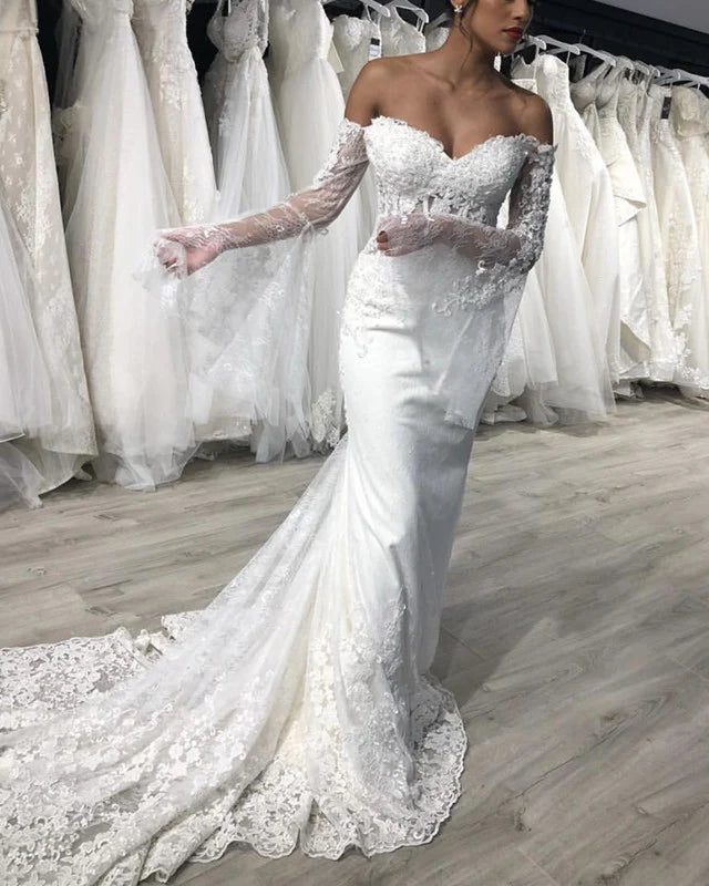 Puffy Sleeeves Mermaid Wedding Dress Lace Off Shoulder