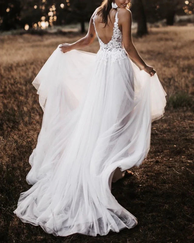 Tulle Backless Wedding Boho Dresses Lace V Neck