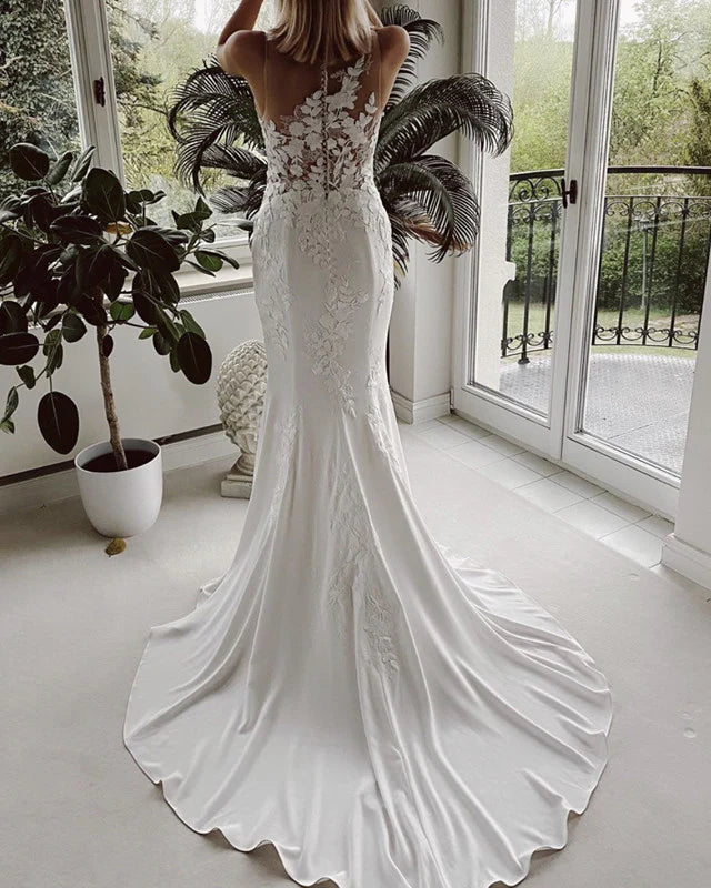Lace Embroidery Mermaid Wedding Dress Sweep Train