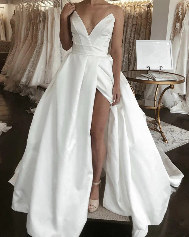 V Neck Split Wedding Beach Dresses