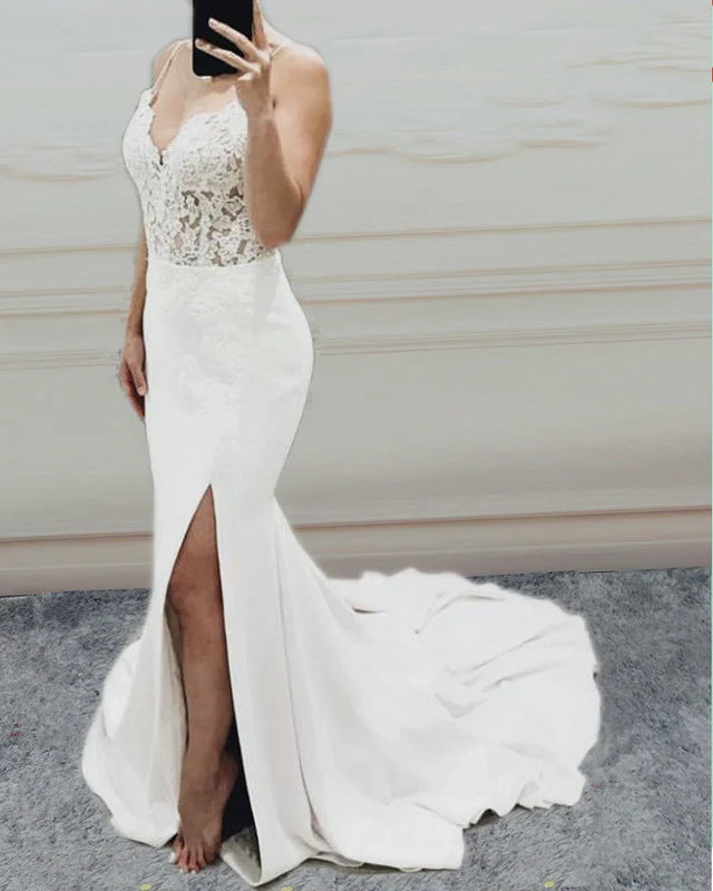 V Neck Mermaid Wedding Dress Leg Slit