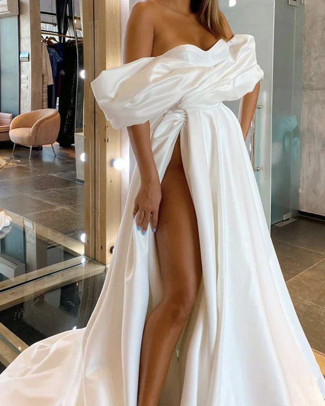 A-line Off The Shoulder Wedding Dress Satin With