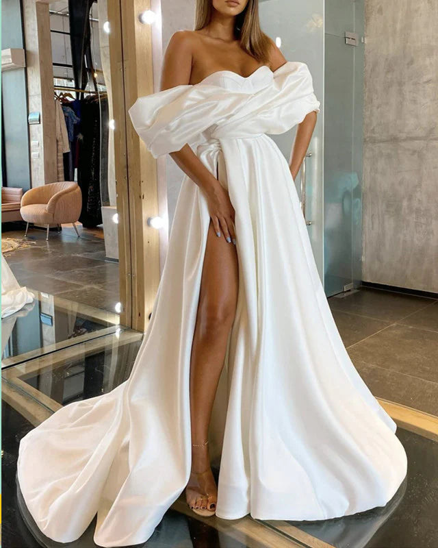 A-line Off The Shoulder Wedding Dress Satin With