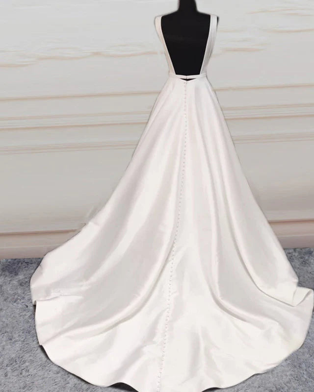 V Neck Open Back Wedding Dress Satin