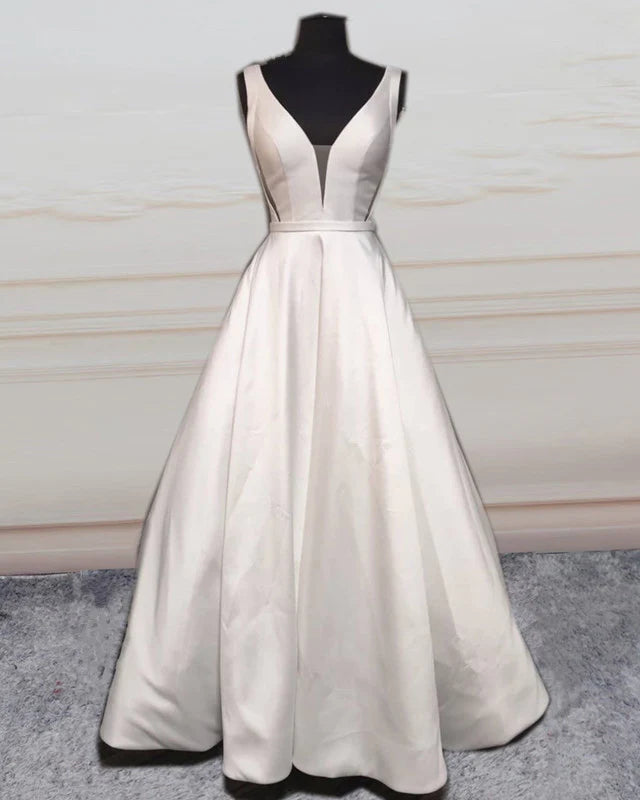 V Neck Open Back Wedding Dress Satin