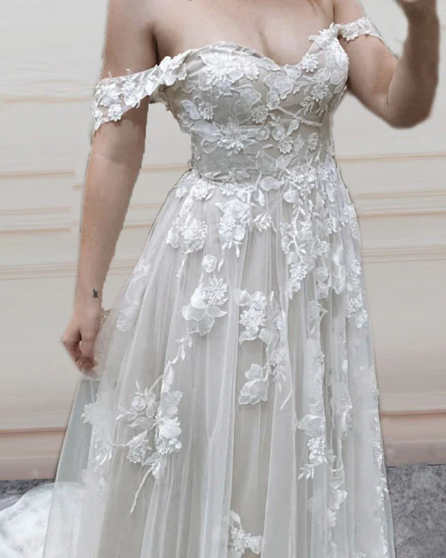 Boho Wedding Dress Tulle Skirt Lace Off The Shoulder