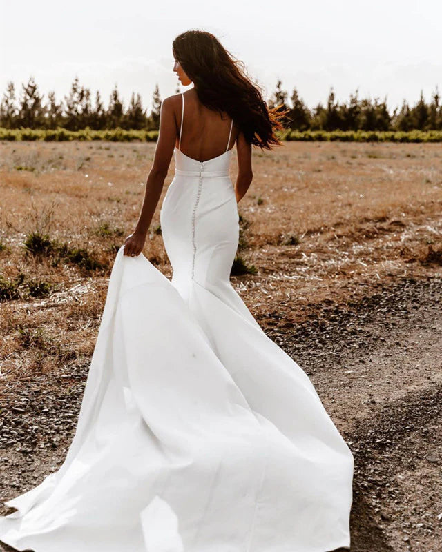 Chapel Train Mermaid Wedding Dress Satin Spaghetti Straps
