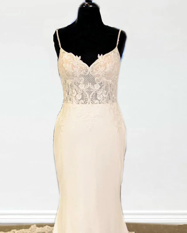V Neck Sweep Train Wedding Dress Lace Appliques