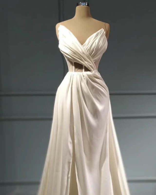 V Neck High Slit Satin Wedding Dress