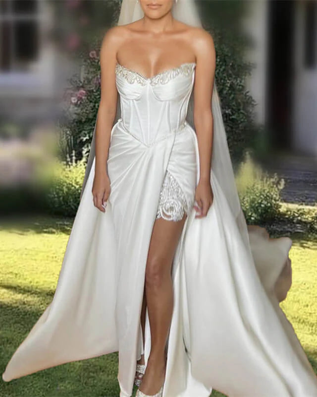 Strapless Bodice Corset Wedding Gown With Crystal Beaded