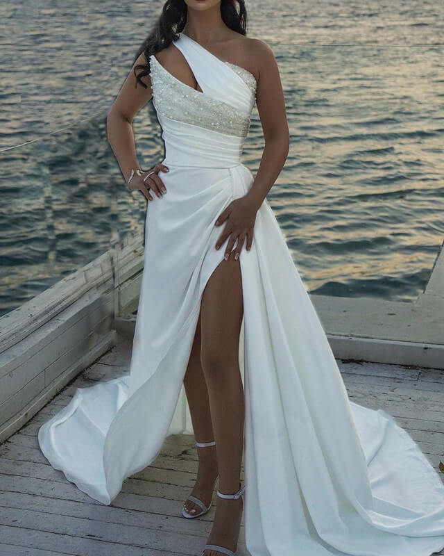 One Shoulder Satin Wedding Dress High Slit