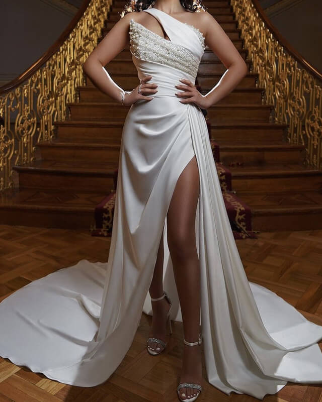 One Shoulder Satin Wedding Dress High Slit