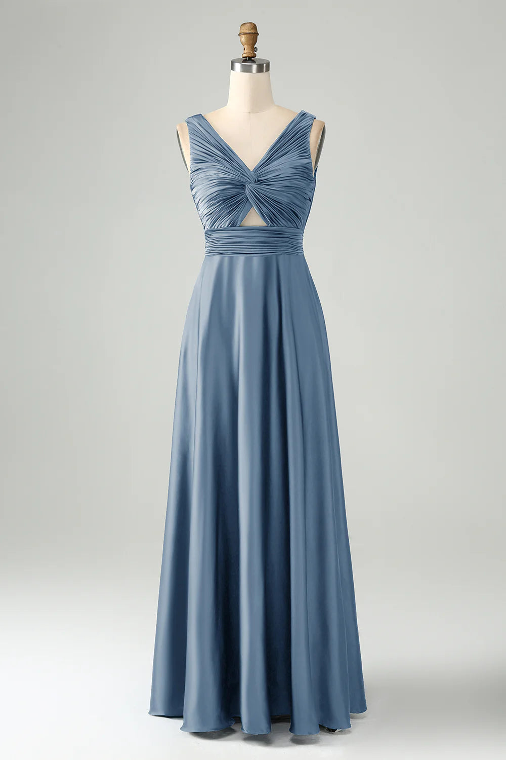 A Line V Neck Cut Out Pleated Satin Long Bridesmaid Dress
